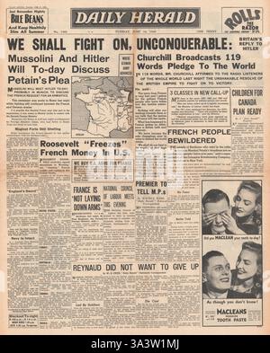1940 front page Daily Herald Francia continui combattimenti Foto Stock