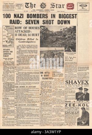 1940 pagina anteriore la stella (Londra) bombardamento sull'Inghilterra orientale Foto Stock