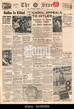 1940 pagina anteriore la stella (Londra) Air Marshall Balbo ha ucciso oltre la Libia Foto Stock