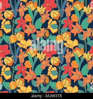 Stampe floreali colorate, ibisco, tulipani, motivo Fiore Giglio, carta da parati tropicali vettoriali disegnata a mano senza cuciture, primavera estiva. Illustrazione Vettoriale