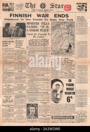 1940 prima pagina The Star (Londra) Patto di pace annunciato da Russia e Finlandia Foto Stock