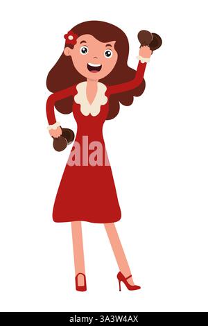 Donna in abito rosso che solleva con orgoglio i manubri mentre sorride in una posa allegra Illustrazione Vettoriale