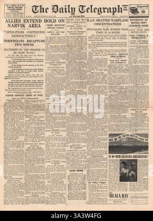1940 front page Daily Telegraph battaglia per la Norvegia Foto Stock