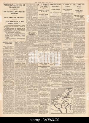 1940 Pagina 6 Tempi Chamberlain annuncia il ritiro degli alleati in Norvegia Foto Stock