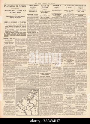 1940 Pagina 6 Il Timesl alleati abbandonare Namsos Foto Stock