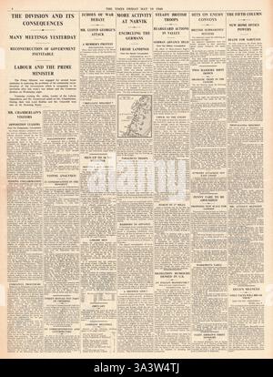 1940 pagina 6 The Times Chamberlain in colloqui con i leader laburisti Attlee e Greenwood Foto Stock