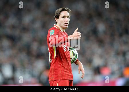 Londra, Regno Unito. 16 marzo 2025. Federico Chiesa di Liverpool guarda avanti. Carabao Cup final 2025, Liverpool contro Newcastle Utd al Wembley Stadium di Londra domenica 16 marzo 2025. Solo per uso editoriale. foto di Chris Stading//Andrew Orchard fotografia sportiva/Alamy Live News crediti: Andrew Orchard fotografia sportiva/Alamy Live News Foto Stock