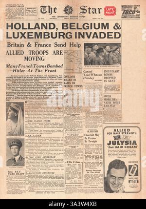 1940 prima pagina i tedeschi Star (Londra) invadono Olanda, Belgio e Lussemburgo Foto Stock