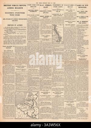 1940 page 6 The Times British Forces si muovono attraverso il Belgio e internamento di nemici alieni Foto Stock