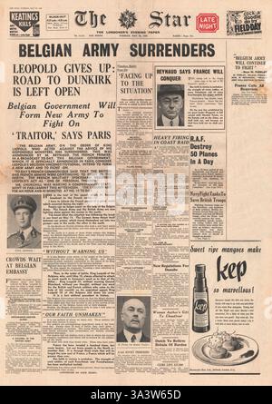 1940 pagina anteriore la stella (Londra) Belgio si arrende Foto Stock