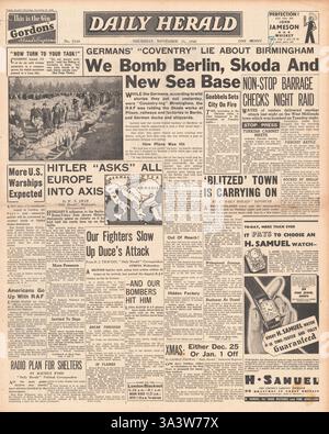 1940 prima pagina del Daily Herald RAF Bomb Berlin, cantieri tedeschi e fabbrica Skoda a Pilsen Foto Stock