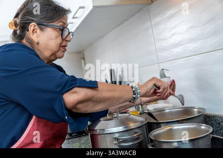 Donna latina anziana che indossa il grembiule aggiungendo ingredienti a una zuppa nella sua cucina di casa Foto Stock