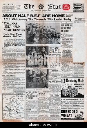 1940 pagina anteriore la stella (Londra) BEF sfollati da Dunkerque arrivare in Gran Bretagna Foto Stock