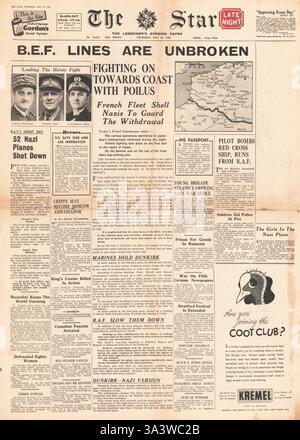 1940 prima pagina le linee BEF Star (Londra) nel Nord della Francia e del Belgio sono in attesa Foto Stock