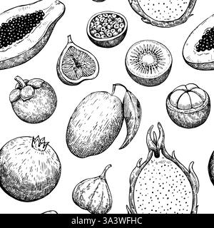 Motivo senza cuciture con frutta tropicale ed esotica. Illustrazione a inchiostro disegnata a mano in stile incisione retrò. Disegno vettoriale dettagliato. Illustrazione Vettoriale