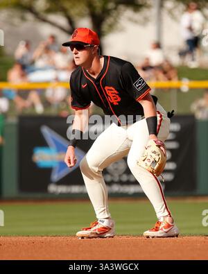 Scottsdale, Arizona, Stati Uniti. 11 marzo 2025. La seconda base dei San Francisco Giants Tyler Fitzgerald (49) nella gara di allenamento primaverile della Cactus League tra gli Athletic's e i San Francisco Giants allo Scottsdale Stadium di Scottsdale, Arizona. Michael Cazares/CSM/Alamy Live News Foto Stock