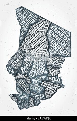 Nuvole di parole delle regioni del Ciad. Forma del paese su sfondo testurizzato. Design Ciad in stile tipografico. Illustrazione vettoriale artistica. Illustrazione Vettoriale