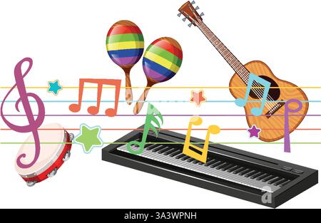 Strumenti vivaci con note musicali e simboli Illustrazione Vettoriale