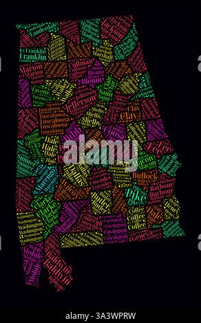 Alabama Word Cloud. Design luminoso in stile neon su sfondo scuro. Fumetto di testo nomi regione. Forma di delimitazione con divisione amministrativa. Illustrazione Vettoriale