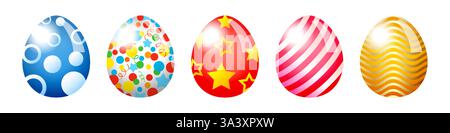 Set di uova di Pasqua decorative in 3D. Festeggiamo gli elementi. Modello grafico. Collezione di clip art. Cinque uova di pasqua colorate con diversi patte astratti Illustrazione Vettoriale