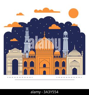 India Night Scene con monumenti architettonici Illustrazione Vettoriale