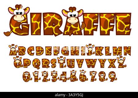 Caratteri giraffe e GIRAFFA. Set alfabeto cartoon. Alfabeto di stampa maculato di animali. Lettere e numeri decorativi dello zoo per bambini Illustrazione Vettoriale