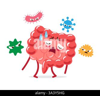 Gastroenterite. Carattere cartoni intestini con cellula batterica . Sfondo bianco isolato . Vettore . Illustrazione Vettoriale