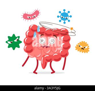 Gastroenterite. Carattere cartoni intestini con cellula batterica . Sfondo bianco isolato . Vettore . Illustrazione Vettoriale