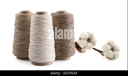 Bobine di filati e cotone isolate su sfondo bianco. Foto Stock