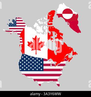 Mappa del Nord America con confini e bandiere colori di Stati Uniti, Canada e Groenlandia isolati su sfondo grigio Foto Stock
