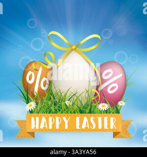 Blue Sky Happy Easter sconto uova Ribbon Grass copertina vintage con nastro e uova di pasqua in erba sullo sfondo blu del cielo. Foto Stock
