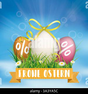 Blue Sky Pasqua Ostern sconto uova nastro erba testo tedesco Frohe Ostern, Translate buona Pasqua. Foto Stock