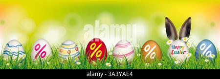 Sconto Happy Easter Eggs Rabbit Ears Spring Header banner sconto con uova di pasqua e orecchie lepre nell'erba Foto Stock