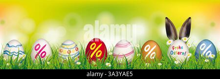 Sconto uova di Pasqua orecchie di coniglio di sterna intestazione di primavera testo tedesco Frohe Ostern, Translate Happy Easter. Foto Stock