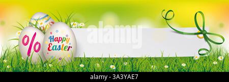 Banner primaverile in carta Natural Happy Easter Eggs, sconto banner pasquale con uova di pasqua colorate nell'erba. Foto Stock