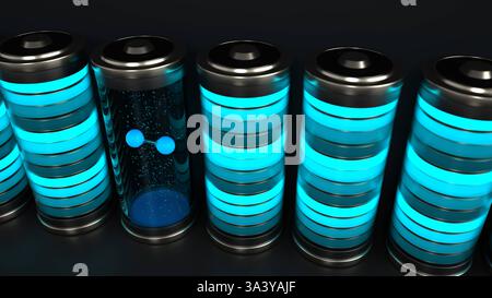 Illustrazione 3D livello della batteria H2 batteria ad alta tecnologia H2 batteria a idrogeno. Illustrazione 3D. Foto Stock