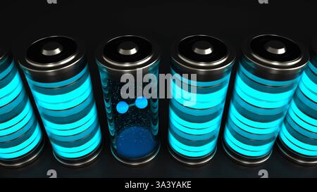 Illustrazione 3D livello della batteria H2 batteria ad alta tecnologia H2 batteria a idrogeno. Illustrazione 3D. Foto Stock