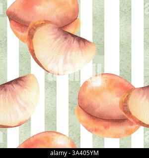 Strisce verdi con motivo ad acquerello delle pesche tropicali. Sfondo botanico disegnato a mano con texture geometrica e illustrazione di frutta Foto Stock