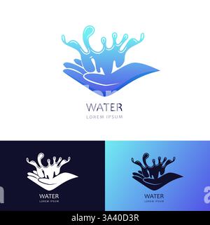 Spruzzi d'acqua pulita sull'icona della mano umana, simbolo logo modello di disegno. Illustrazione vettoriale. Cura della pelle, etichetta del marchio cosmetico, concetto di procedure spa Illustrazione Vettoriale