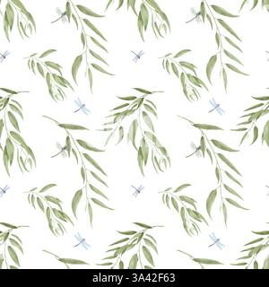 Un ramo primaverile con foglie verdi e libellule con ali trasparenti. Illustrazione in acquerello in digitale. Rami aggraziati su un motivo senza cuciture, Foto Stock