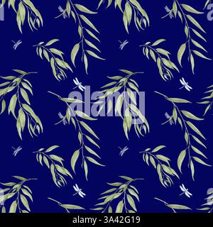 Un ramo primaverile con foglie verdi e libellule con ali trasparenti. Illustrazione in acquerello in digitale. Rami aggraziati, motivo senza cuciture, iso Foto Stock