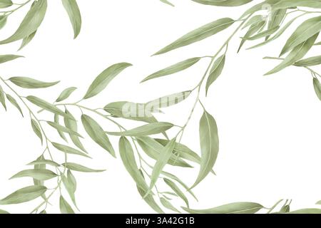 Aggraziato salice e ramoscelli di eucalipto, motivo senza cuciture. Illustrazione digitale ad acquerello. Rami di bambù e un olivo isolato su un dorso bianco Foto Stock