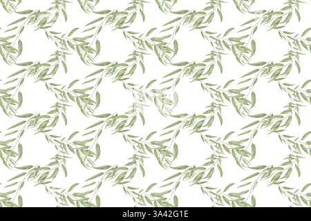 Aggraziato salice e ramoscelli di eucalipto, motivo senza cuciture. Illustrazione digitale ad acquerello. Rami di bambù e un olivo isolato su un dorso bianco Foto Stock