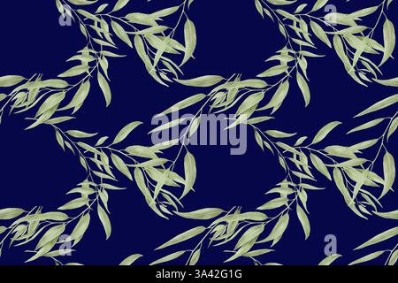 Aggraziato salice e ramoscelli di eucalipto, motivo senza cuciture. Illustrazione digitale ad acquerello. Rami di bambù e un olivo isolato su un backgrou scuro Foto Stock