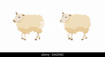 Pecora da due pixel con lana chiara e caratteristiche semplici rivolte verso l'interno Illustrazione Vettoriale