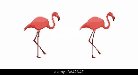 Fenicotteri pixel art che camminano fianco a fianco in un'illustrazione in stile minimalista Illustrazione Vettoriale