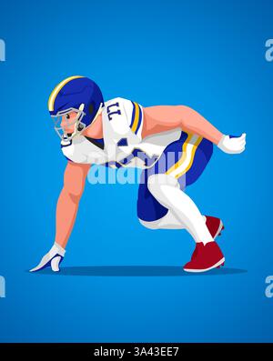Personaggio del football americano dal design piatto. Illustrazione vettoriale. Personaggio maschile cartoni animati isolato su sfondo graduato. Illustrazione Vettoriale