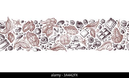 Bordo senza cacao. Ripetizione di schizzo grafica vettoriale. Frutta, fagioli, caramelle. Aroma cioccolato prodotto. Sfondo grafico per negozio di dolci, caffè, uomini Illustrazione Vettoriale