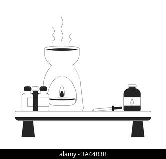 Tavolo per aromaterapia con oggetto linea 2D bruciatore a olio Illustrazione Vettoriale