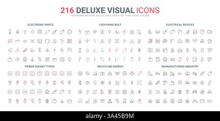 Set di icone per elettricisti, strumenti e apparecchiature, parti e linee di illuminazione. Idea di riciclaggio, energia sostenibile e industria, diversi tipi di prese e spine sottili simboli neri e rossi illustrazione vettoriale Illustrazione Vettoriale